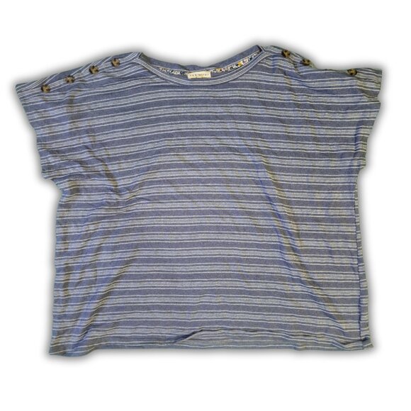 Retrology Blouse Big Button Accents Blue W/ White Strip Stitch - Picture 1 of 3